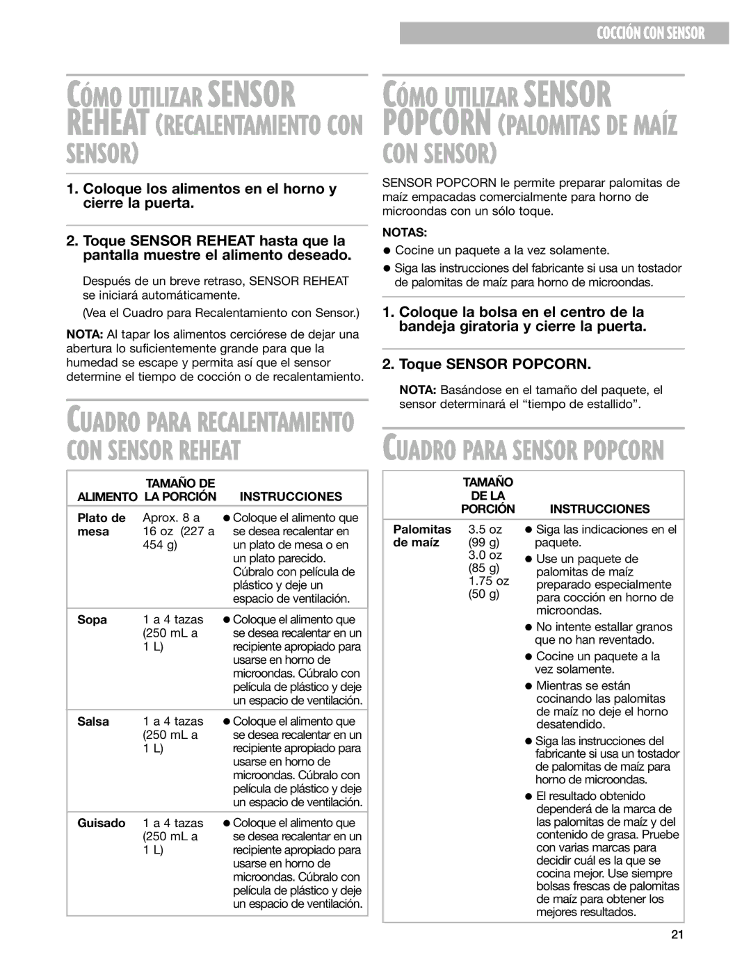 Whirlpool GM8155XJ CON Sensor, Tamaño DE Instrucciones Alimento LA Porción, Tamaño DE LA Porción Instrucciones 