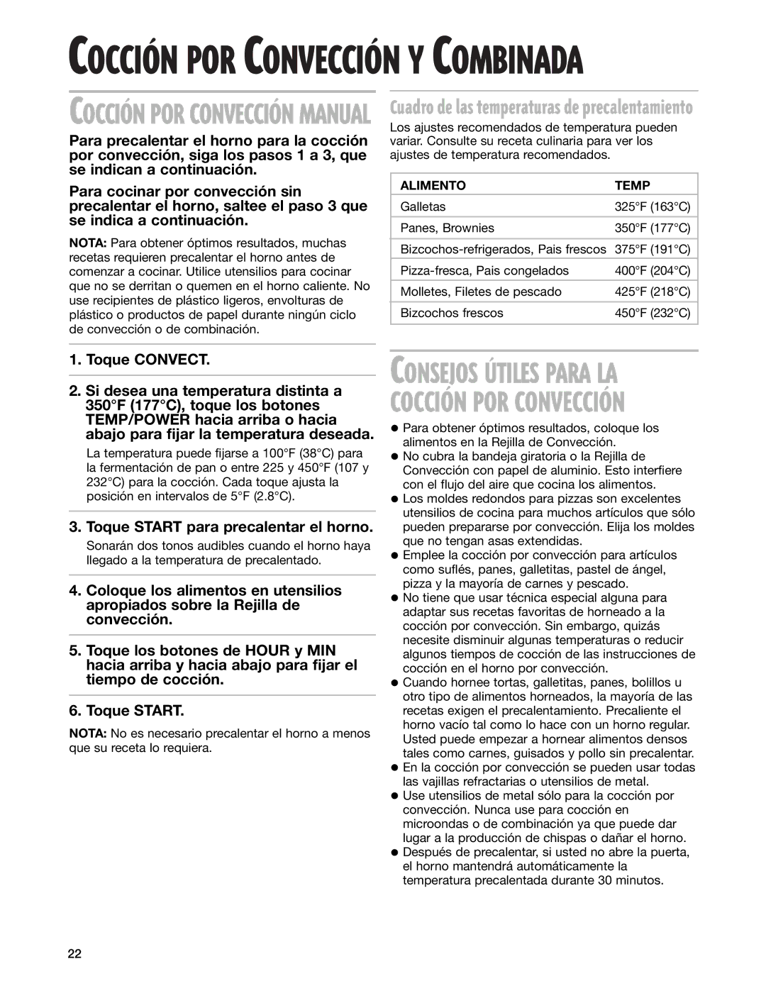 Whirlpool GM8155XJ installation instructions Toque Start para precalentar el horno, Alimento Temp 