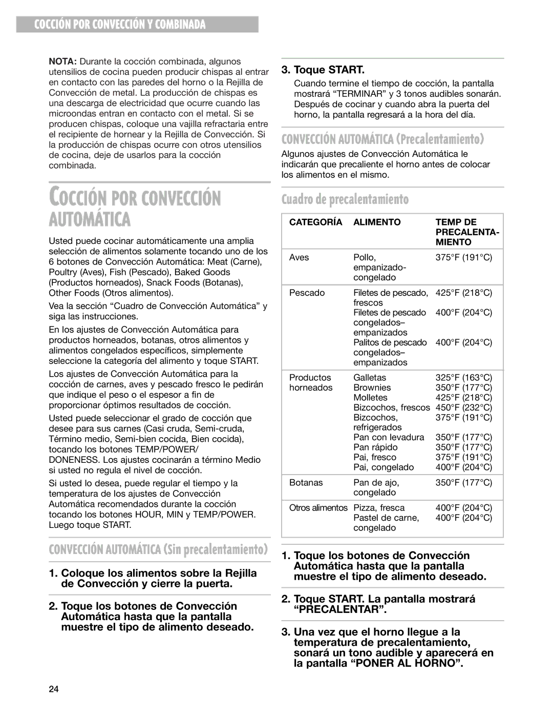 Whirlpool GM8155XJ installation instructions Cuadro de precalentamiento, Categoría Alimento Temp DE Precalenta Miento 