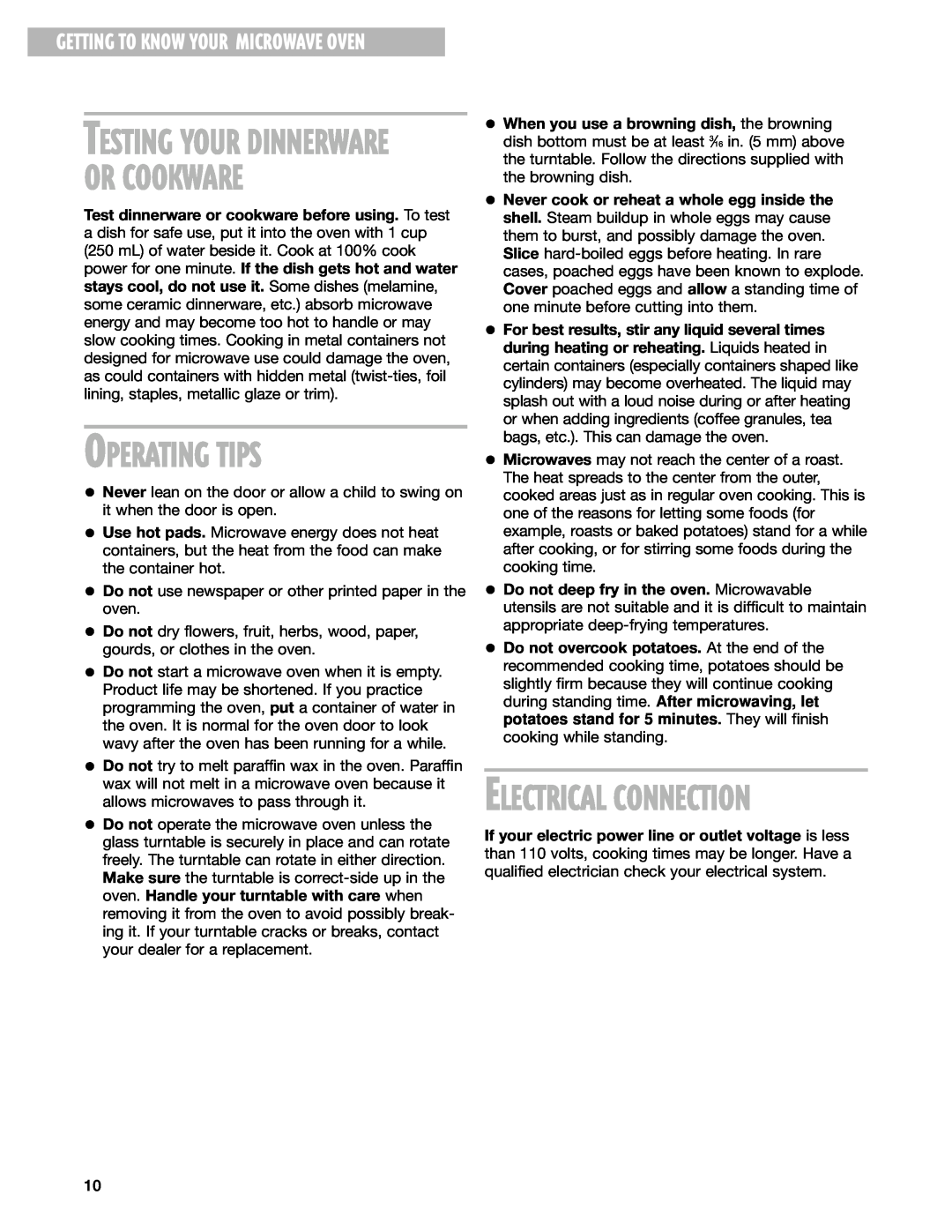 Whirlpool GM8155XJ installation instructions Or Cookware, Operating Tips, Electrical Connection, Testing Your Dinnerware 