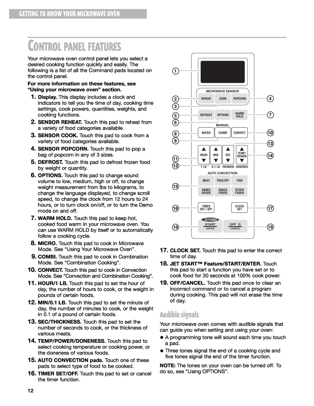 Whirlpool GM8155XJ installation instructions Audible signals, Control Panel Features, Getting To Know Your Microwave Oven 