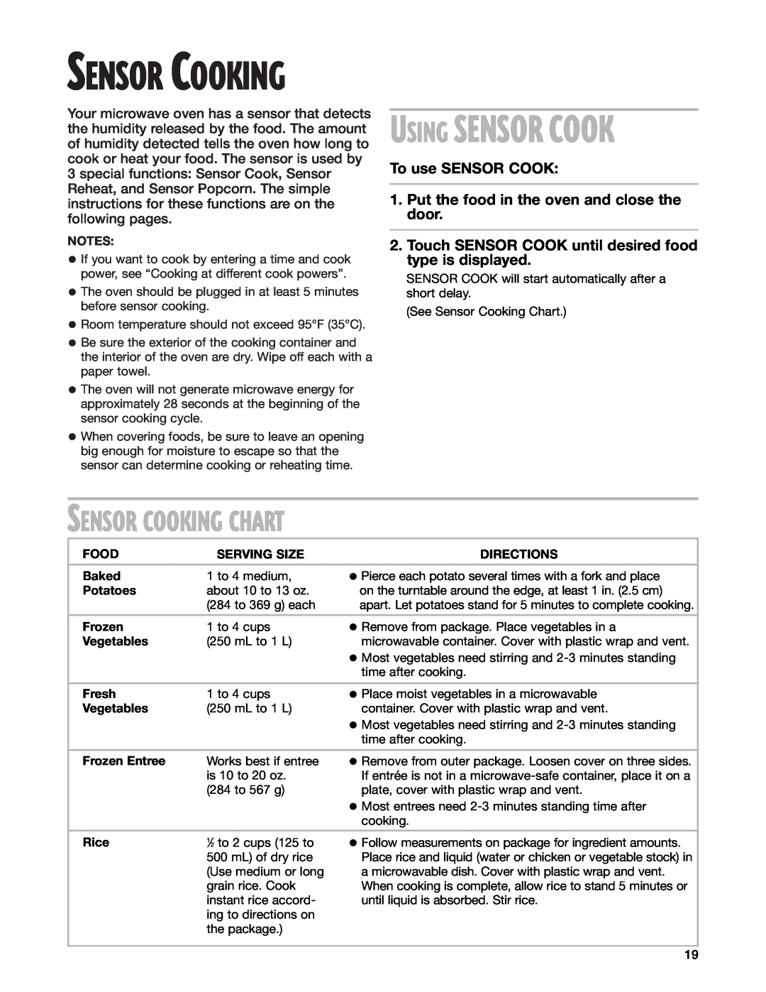 Whirlpool GM8155XJ Sensor Cooking Chart, To use SENSOR COOK 1. Put the food in the oven and close the door 