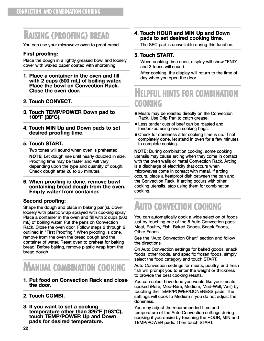 Whirlpool GM8155XJ Helpful Hints For Combination Cooking, Auto Convection Cooking, Raising Proofing Bread, First proofing 