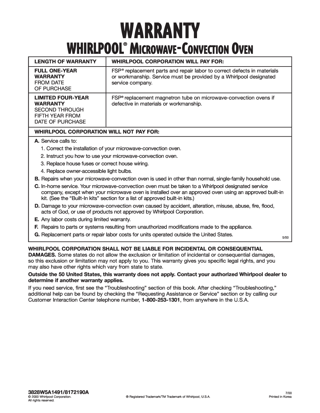 Whirlpool GM8155XJ installation instructions Warranty, Whirlpool Microwave-Convection Oven 