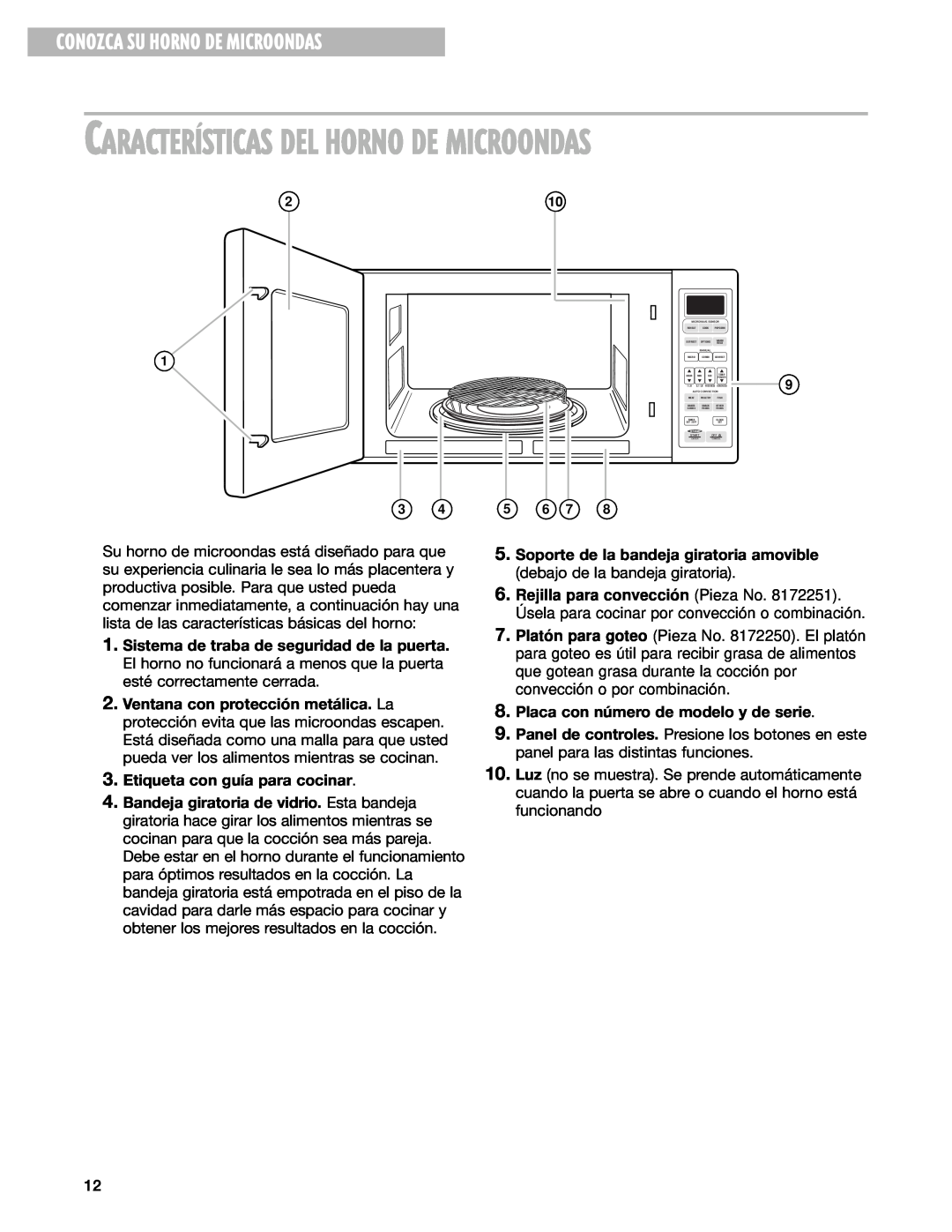 Whirlpool GM8155XJ installation instructions CARACTERêSTICAS DEL HORNO DE MICROONDAS, Conozca Su Horno De Microondas 
