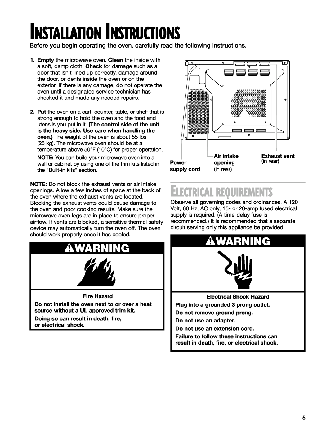 Whirlpool GM8155XJ installation instructions wWARNING, Electrical Requirements, Installation Instructions 