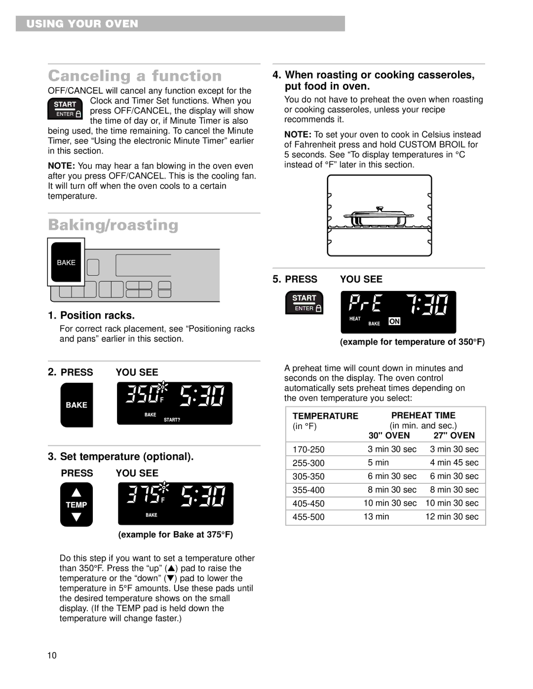 Whirlpool RMC275PD, GMC275PD, GMC305PD Canceling a function, Baking/roasting, Position racks, Set temperature optional 