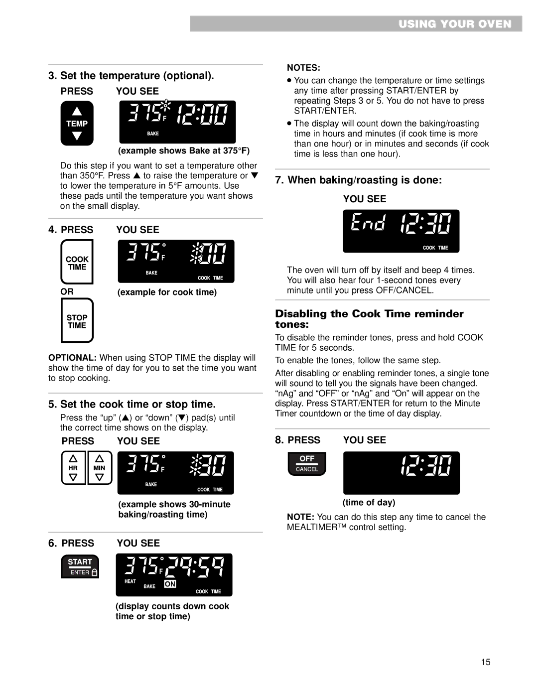 Whirlpool RMC305PD, GMC275PD Set the temperature optional, Set the cook time or stop time, When baking/roasting is done 