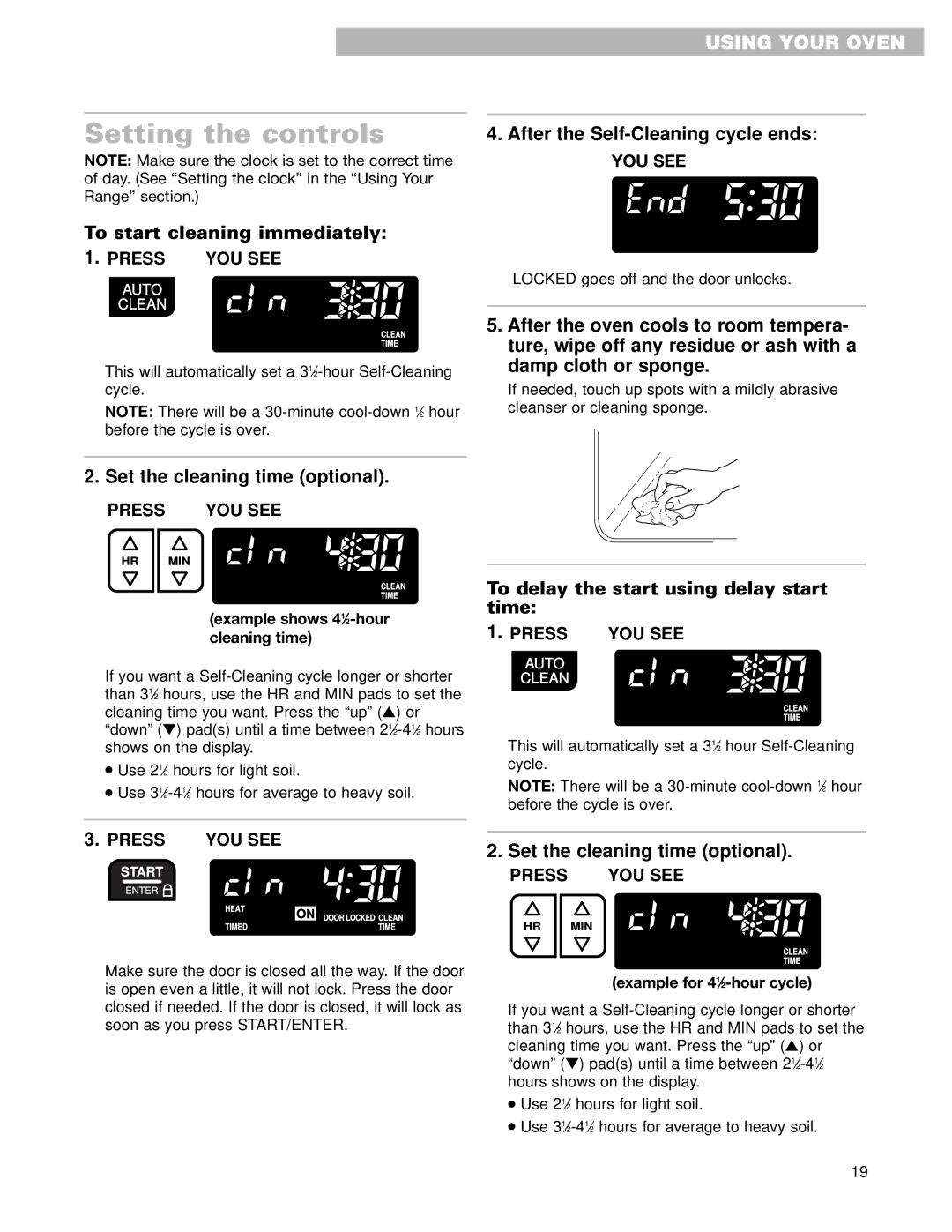 Whirlpool RMC305PD, GMC275PD, GMC305PD Setting the controls, To start cleaning immediately, Set the cleaning time optional 