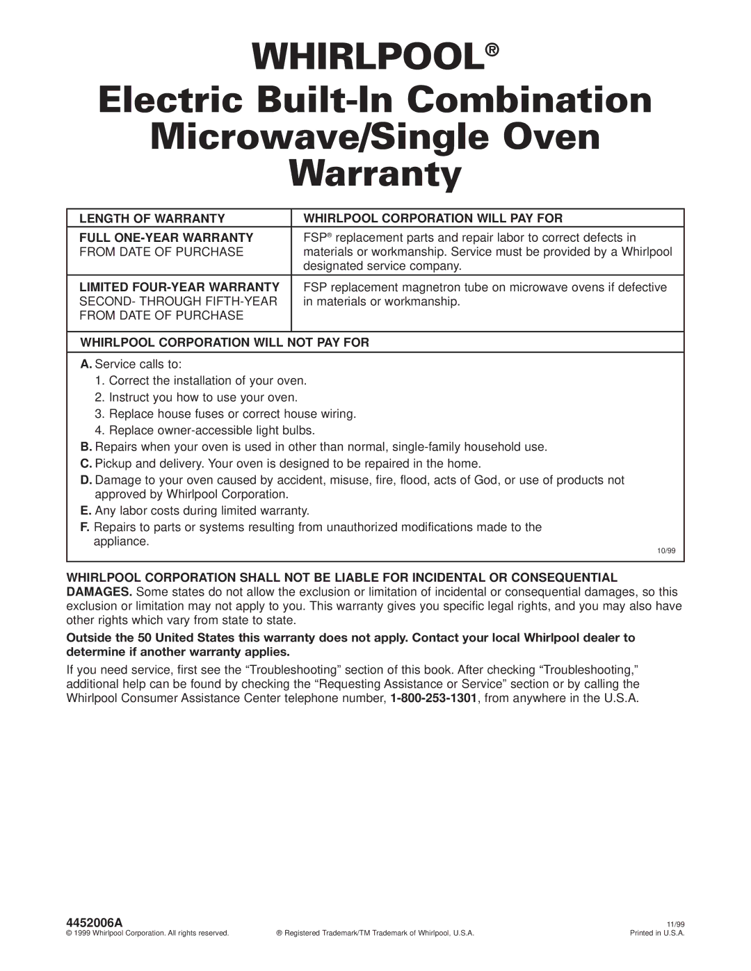 Whirlpool GMC275PD, GMC305PD, RMC275PD, RMC305PD warranty Whirlpool 