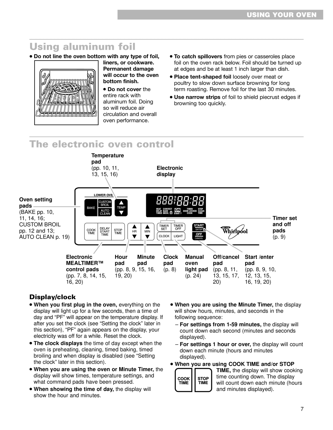 Whirlpool RMC305PD, GMC275PD, GMC305PD, RMC275PD warranty Using aluminum foil, Electronic oven control, Display/clock 