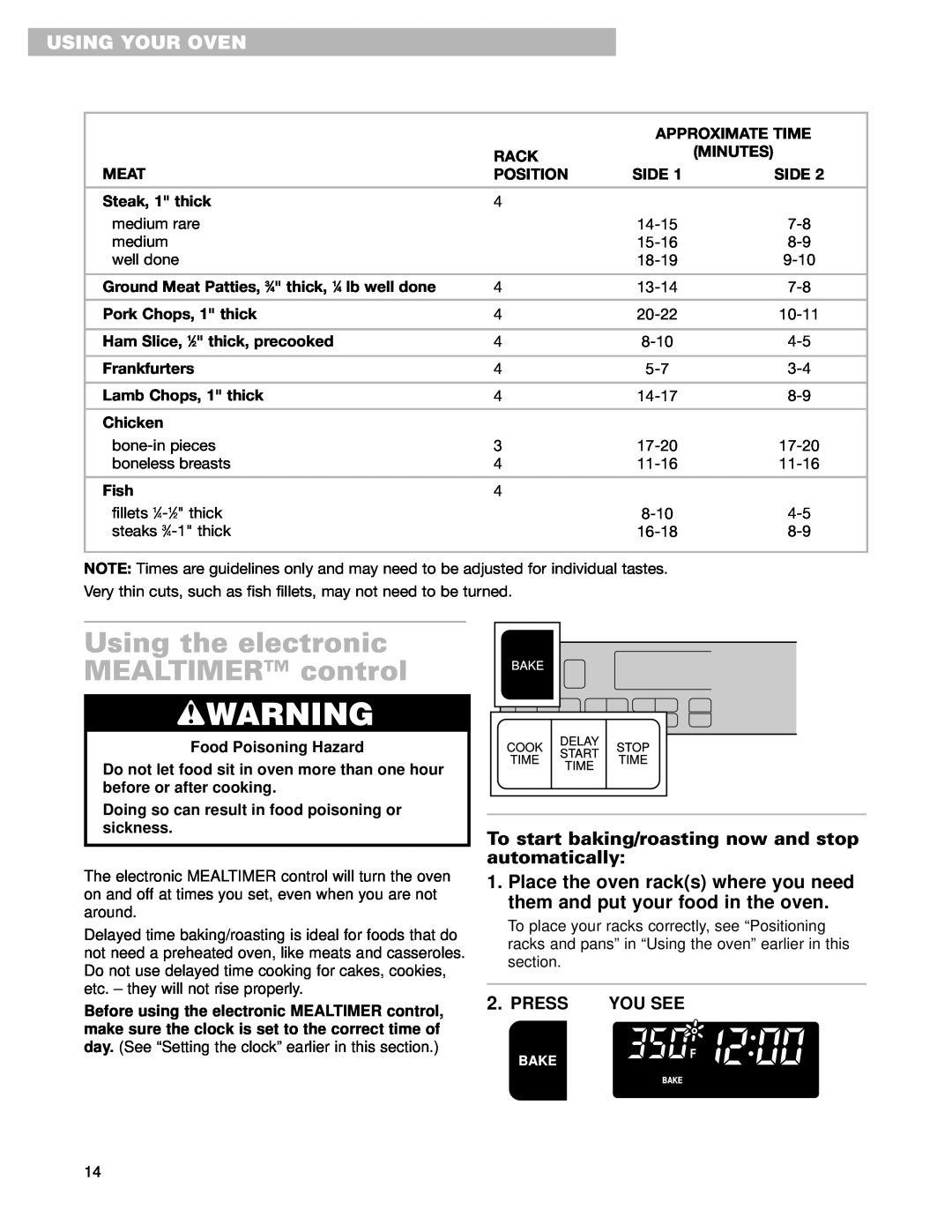 Whirlpool RMC275PD wWARNING, Using the electronic MEALTIMER control, To start baking/roasting now and stop automatically 