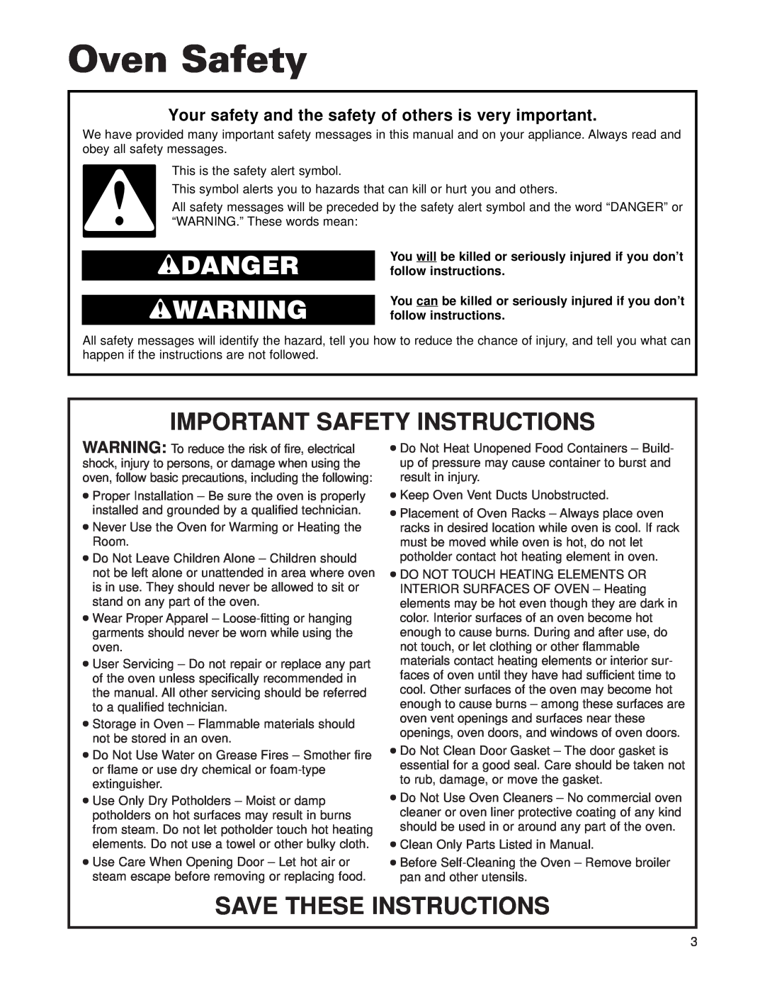 Whirlpool RMC305PD, GMC275PD warranty Oven Safety, wDANGER wWARNING, Important Safety Instructions, Save These Instructions 