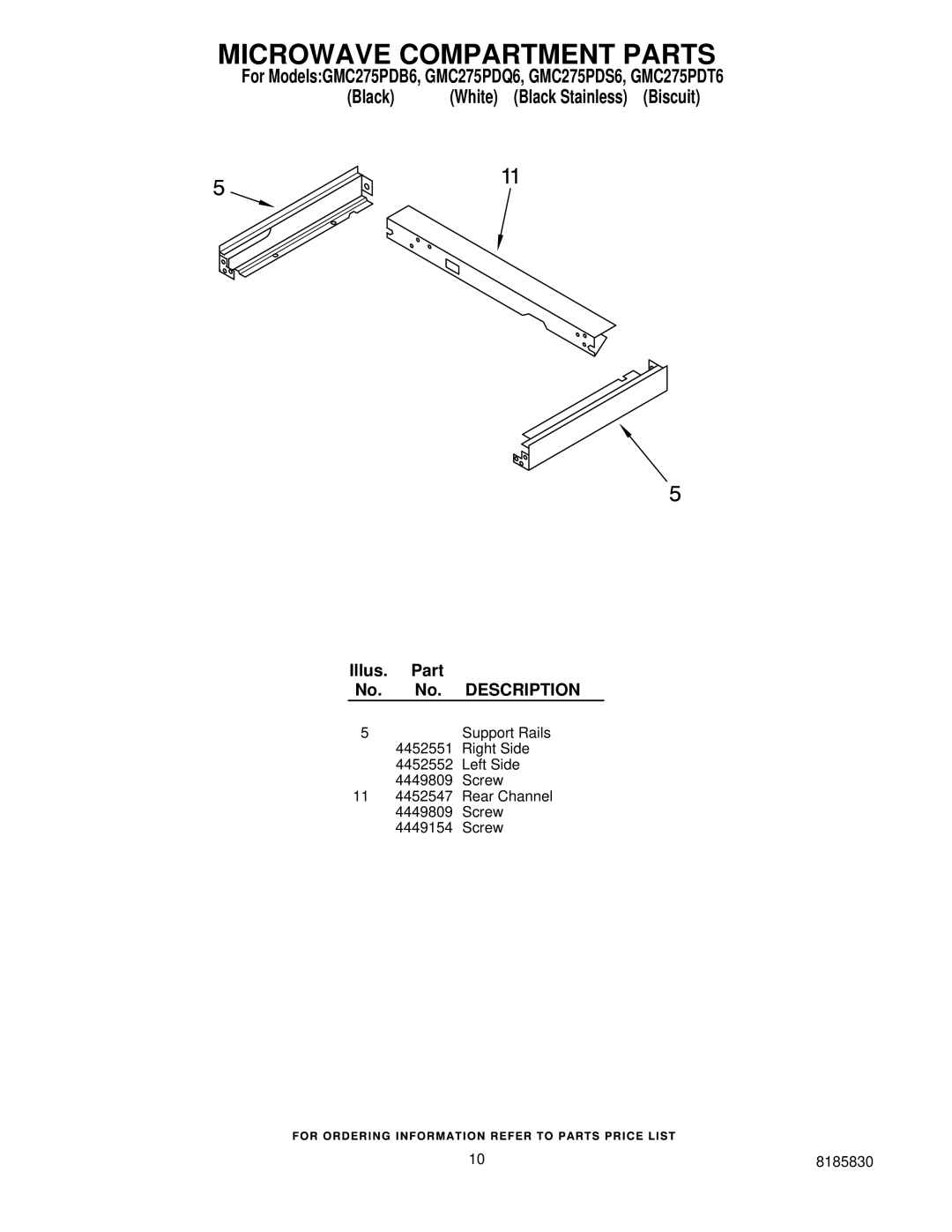 Whirlpool GMC275PDT6, GMC275PDS6, GMC275PDB6, GMC275PDQ6 manual Microwave Compartment Parts 