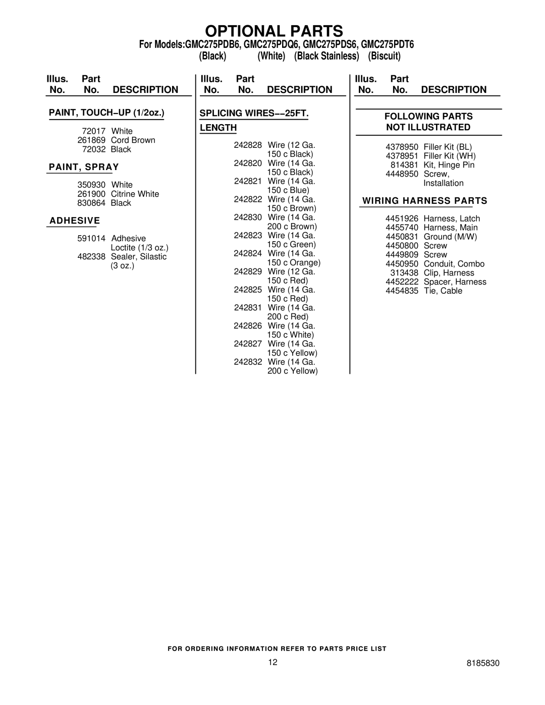 Whirlpool GMC275PDS6, GMC275PDB6, GMC275PDT6, GMC275PDQ6 manual Optional Parts, Splicing WIRES−−25FT Length 