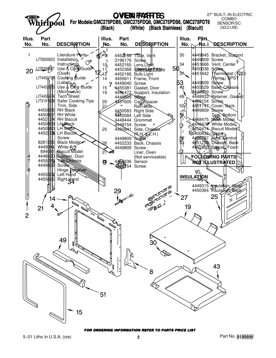 Whirlpool GMC275PDT6, GMC275PDS6, GMC275PDB6, GMC275PDQ6 manual Oven Parts, Illus. Part No. No. Description 