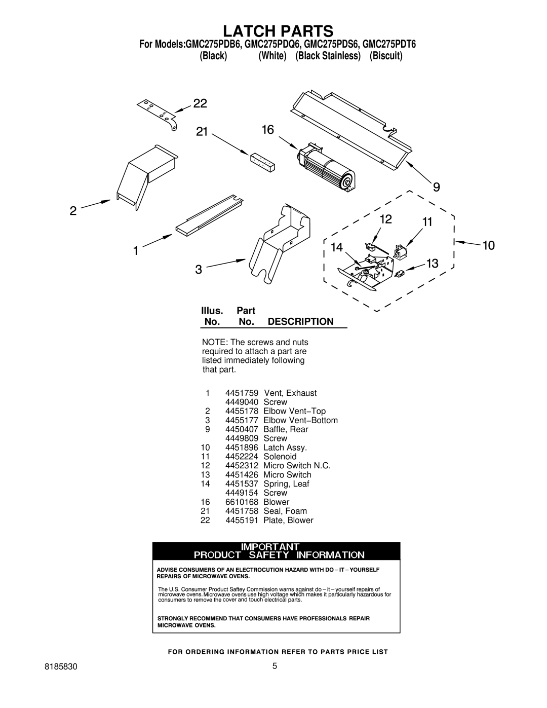 Whirlpool GMC275PDB6, GMC275PDS6, GMC275PDT6, GMC275PDQ6 manual Latch Parts 