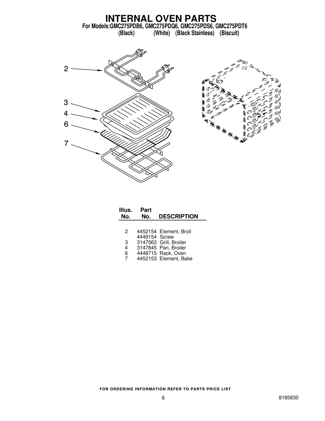 Whirlpool GMC275PDT6, GMC275PDS6, GMC275PDB6, GMC275PDQ6 manual Internal Oven Parts 