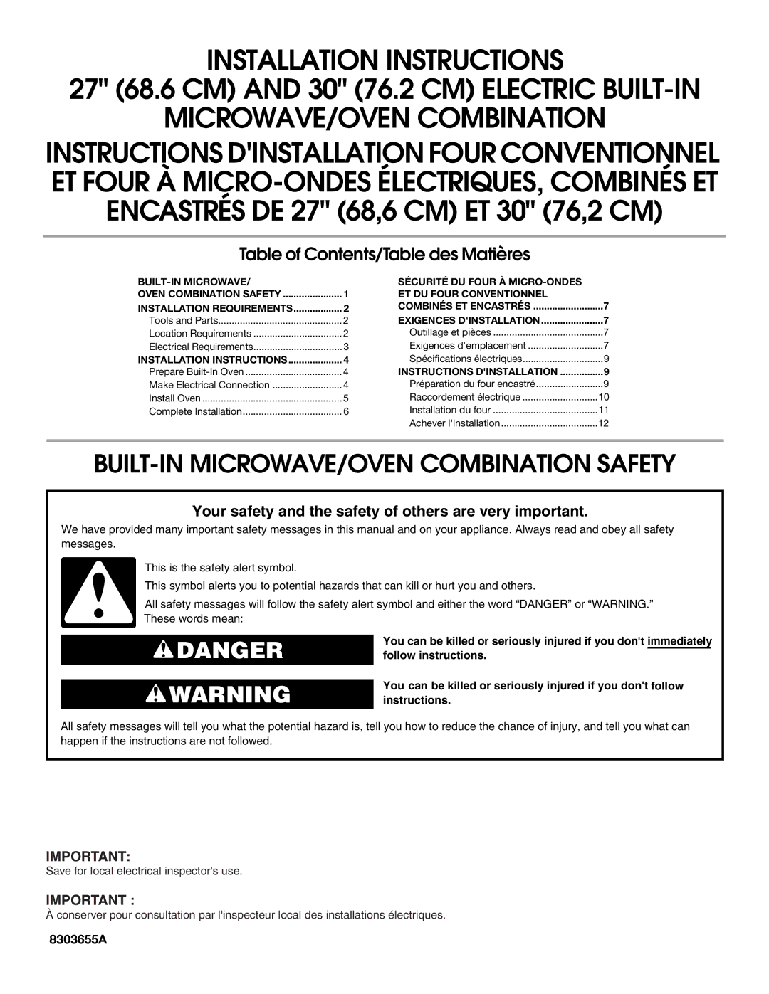 Whirlpool GMC275PRB00 installation instructions BUILT-IN MICROWAVE/OVEN Combination Safety 