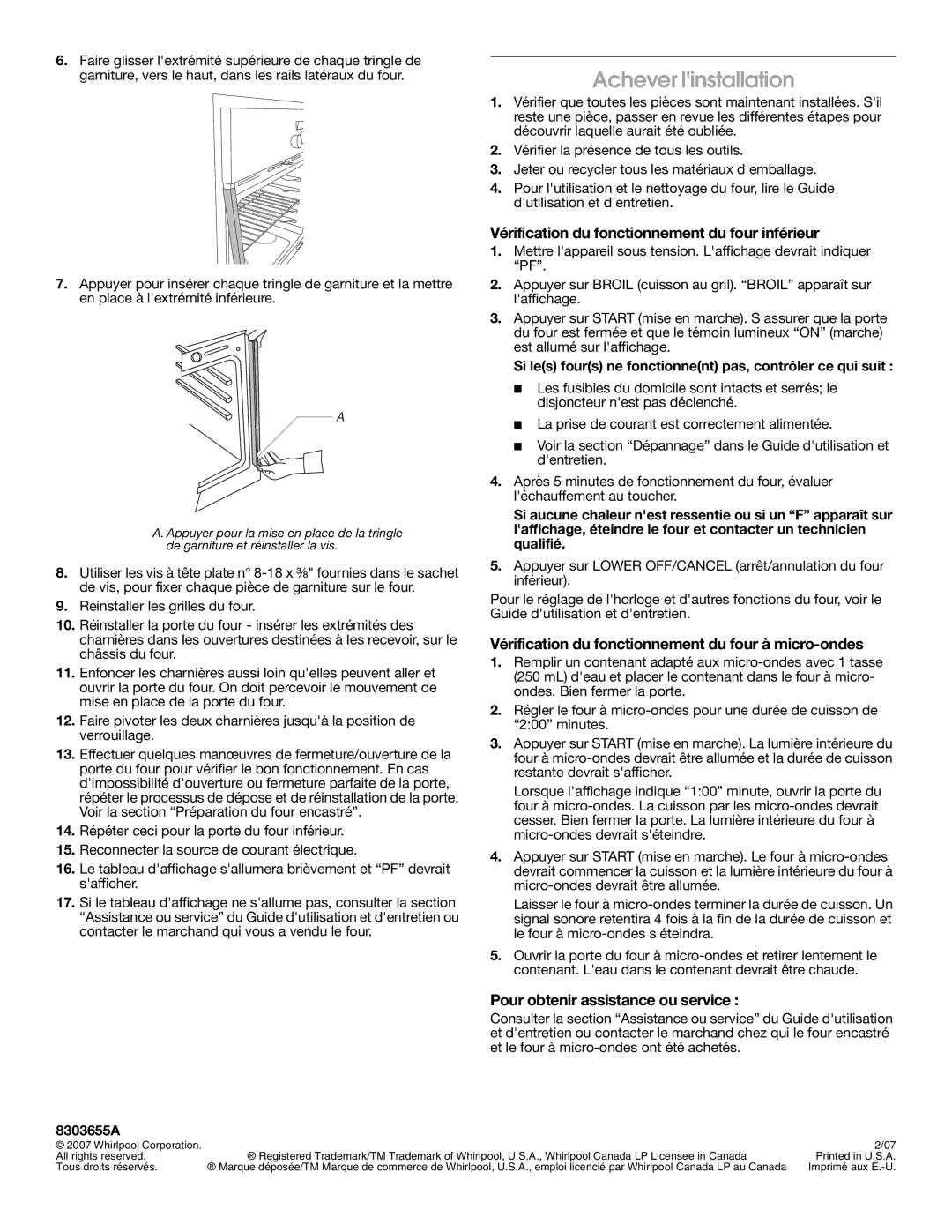 Whirlpool GMC275PRB00 installation instructions Achever linstallation, Vérification du fonctionnement du four inférieur 