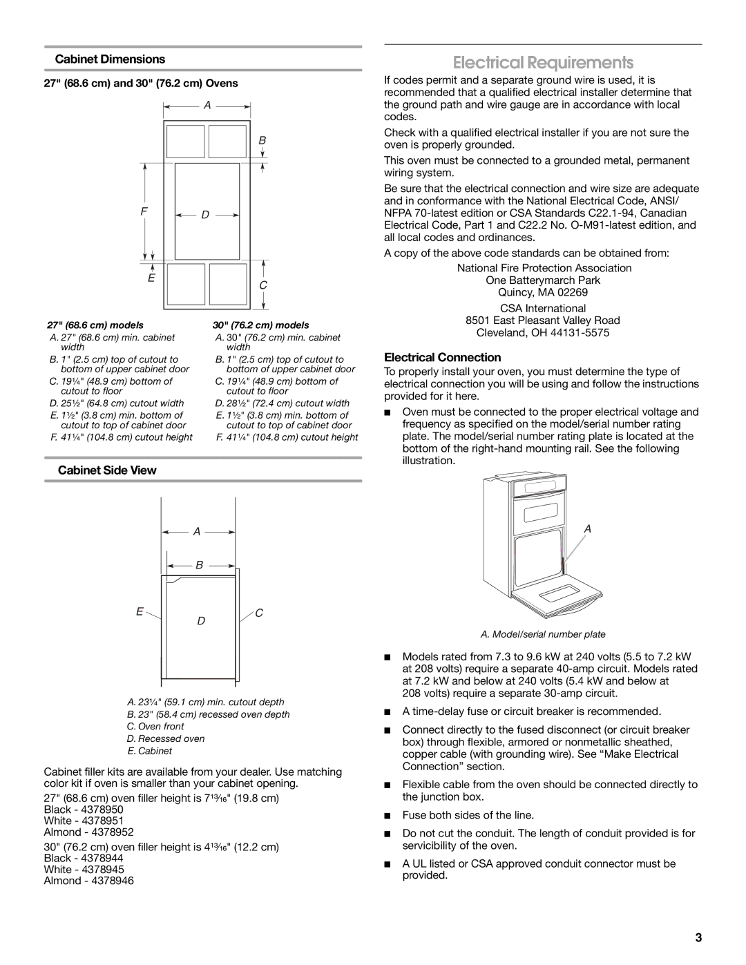 Whirlpool GMC275PRB00 Electrical Requirements, Cabinet Dimensions, Electrical Connection, Cabinet Side View 