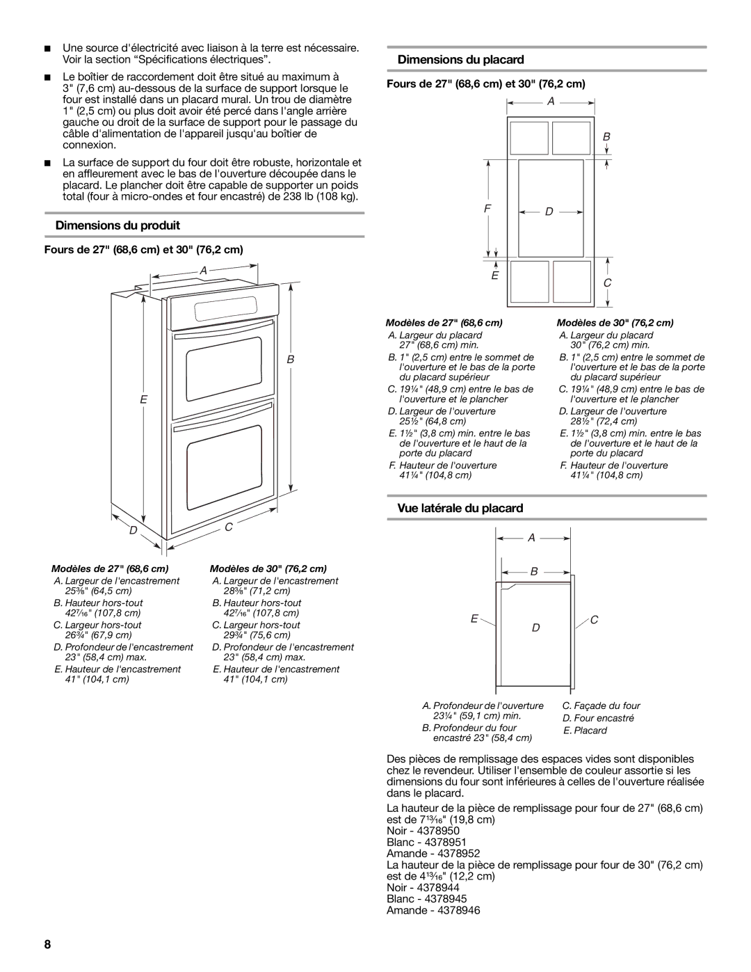 Whirlpool GMC275PRB00 installation instructions Dimensions du produit, Dimensions du placard, Vue latérale du placard 