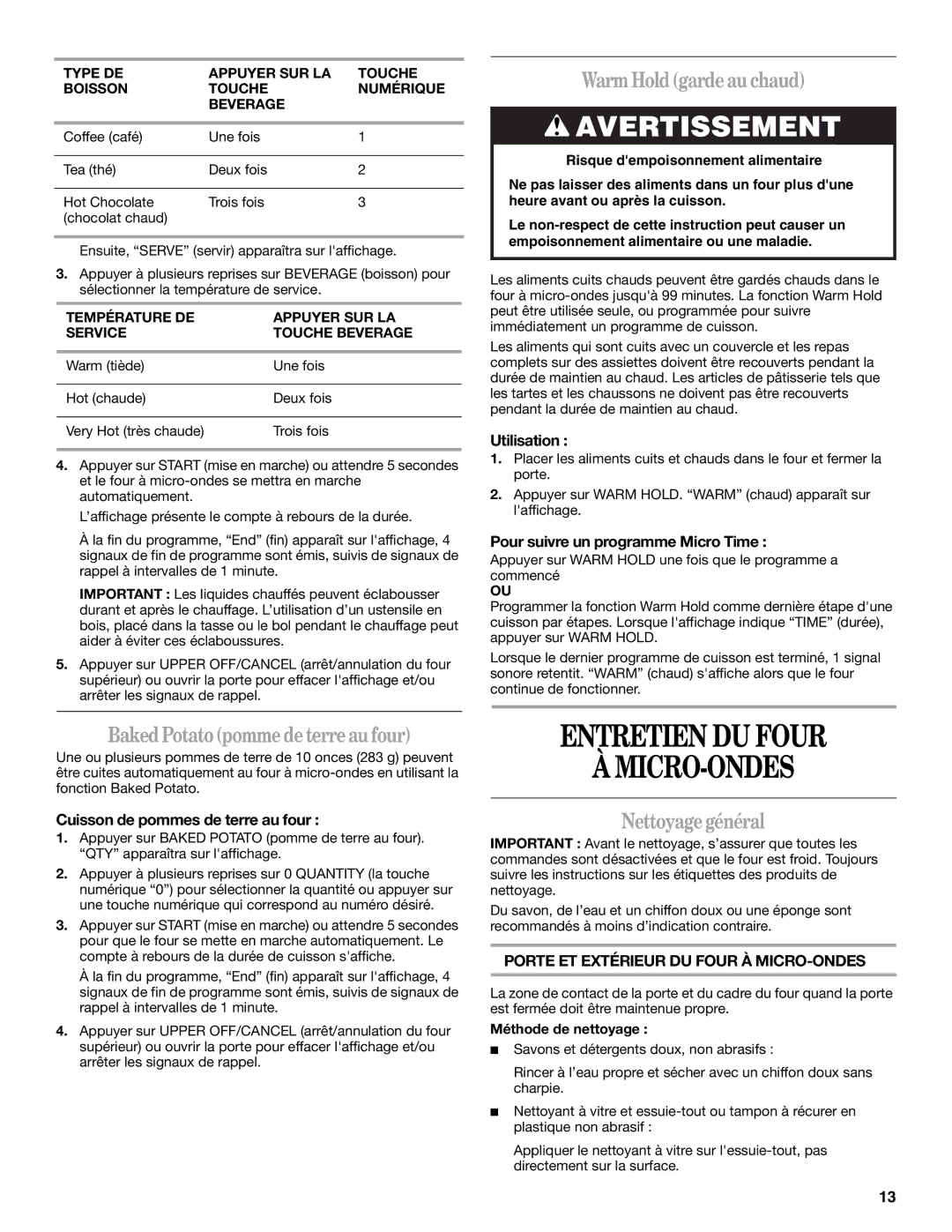 Whirlpool GMC275 Entretien DU Four MICRO-ONDES, WarmHoldgardeau chaud, BakedPotatopommedeterreau four, Nettoyagegénéral 