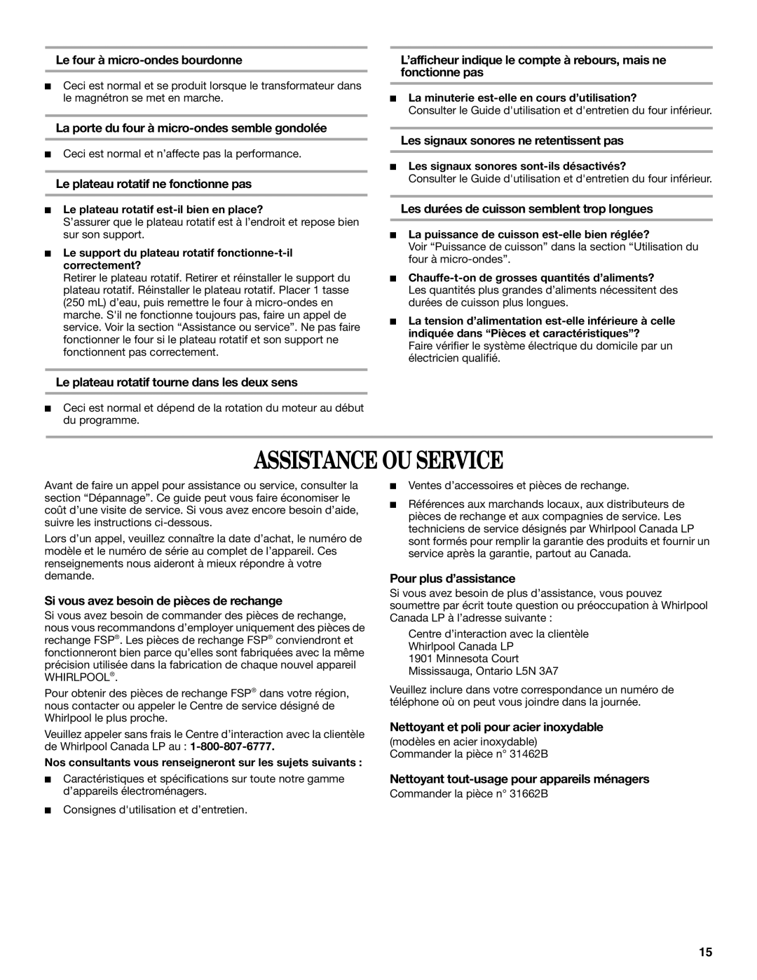 Whirlpool GMC275, GMC305 manual Assistance OU Service 