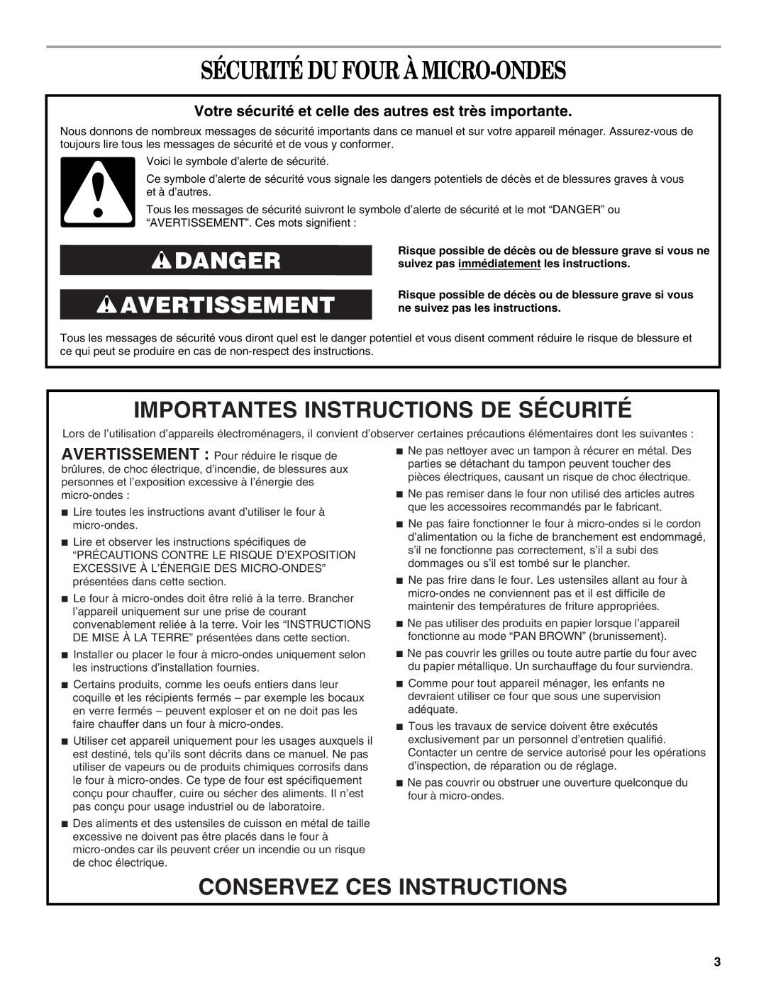 Whirlpool GMC275, GMC305 manual Sécurité DU Four À MICRO-ONDES, Votre sécurité et celle des autres est très importante 