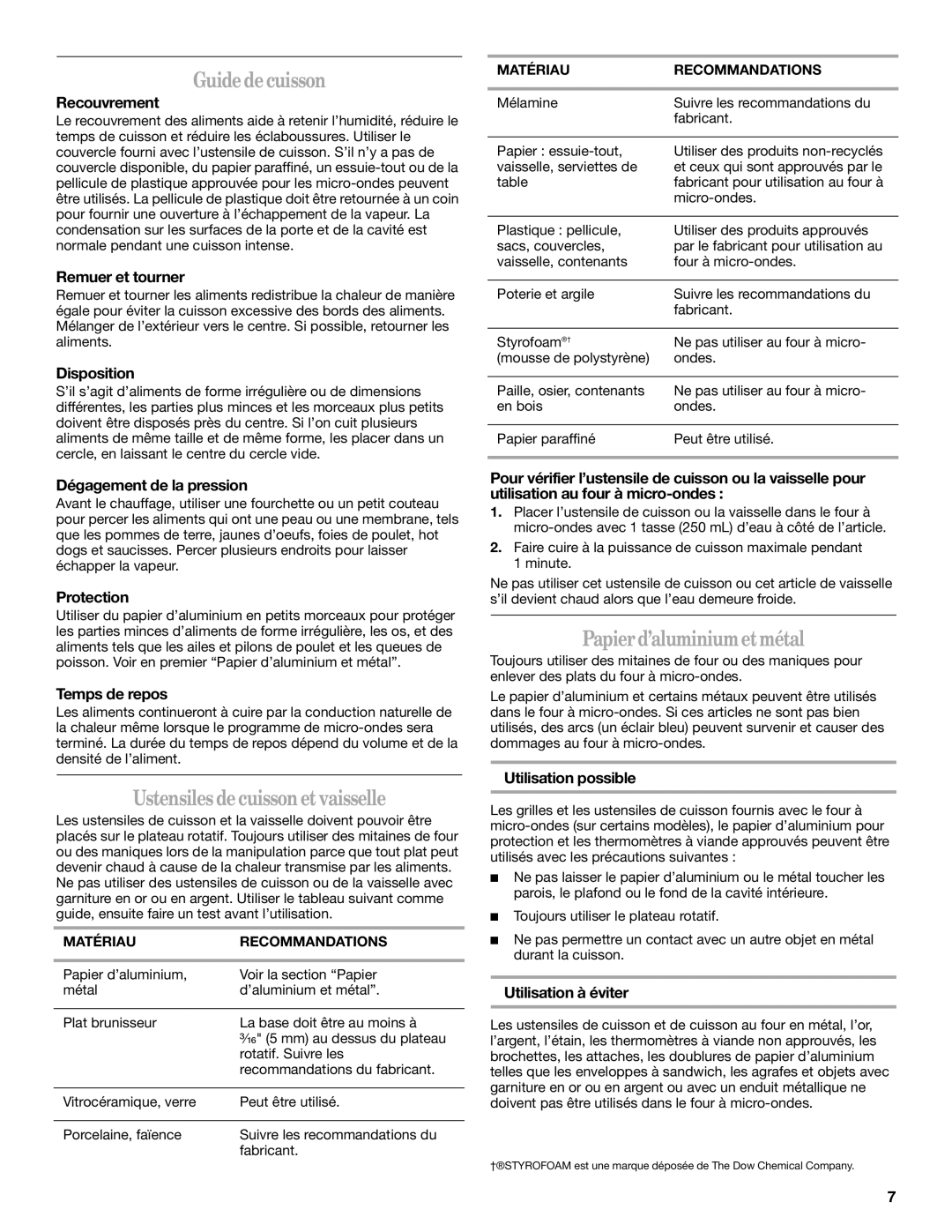 Whirlpool GMC275, GMC305 manual Guidedecuisson, Ustensilesdecuisson etvaisselle, Papierd’aluminiumetmétal 