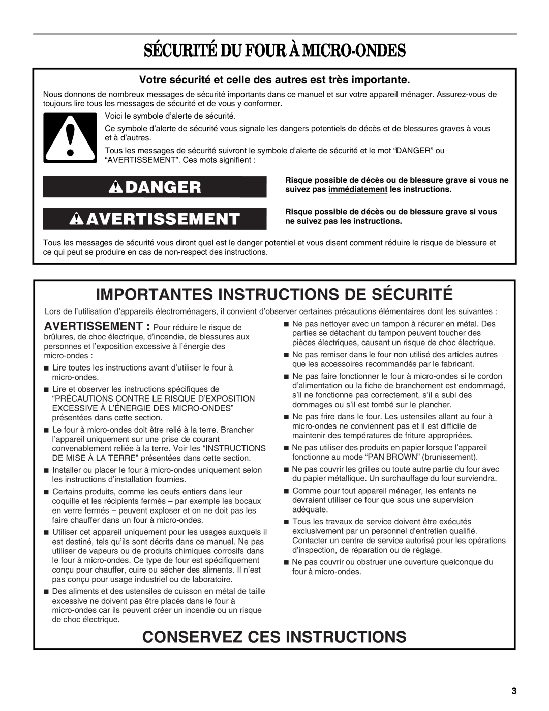 Whirlpool GMC275, GMC305 manual Sécurité Du Four À Micro-Ondes, Danger Avertissement, Importantes Instructions De Sécurité 