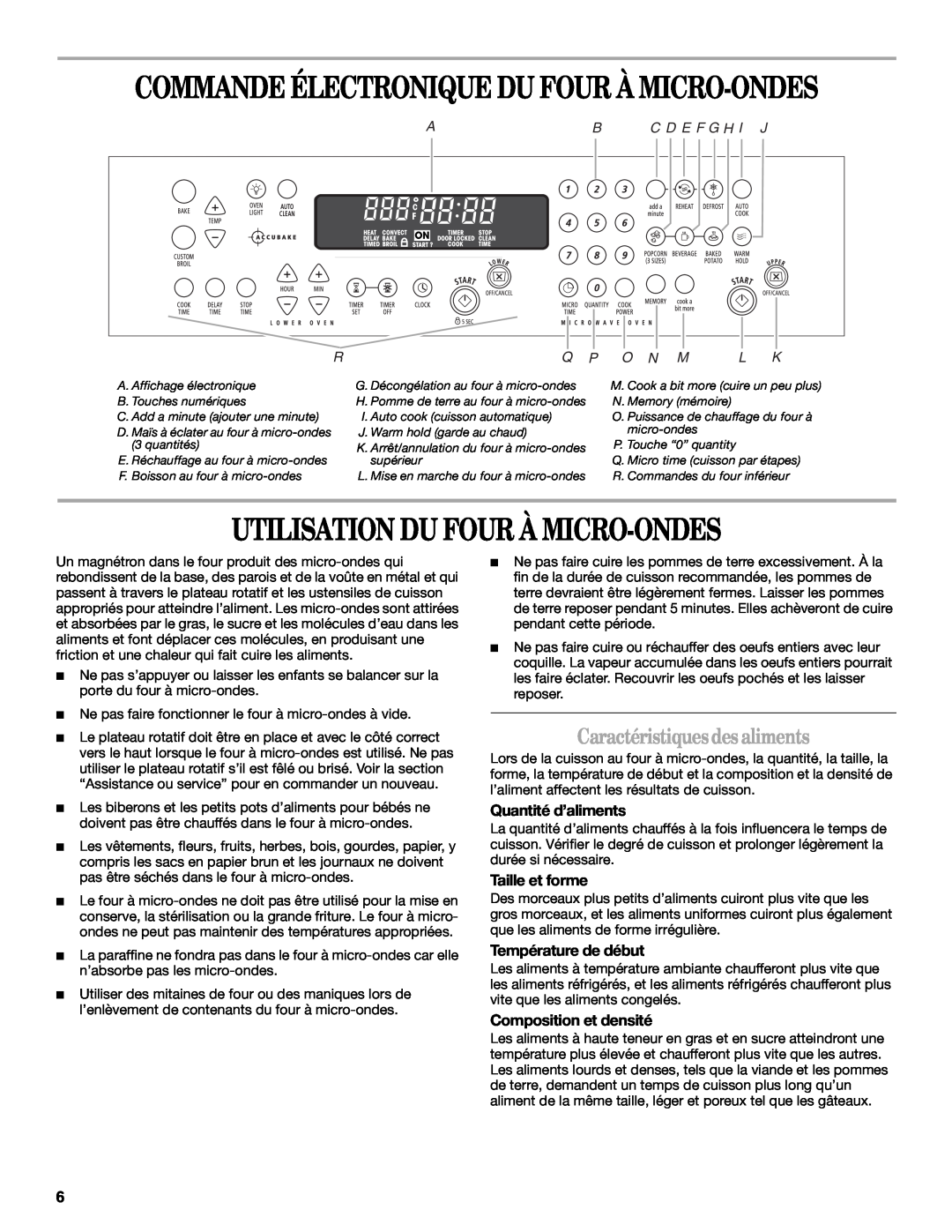 Whirlpool GMC305 Utilisation Du Four À Micro-Ondes, Caractéristiquesdesaliments, Quantité d’aliments, Taille et forme 