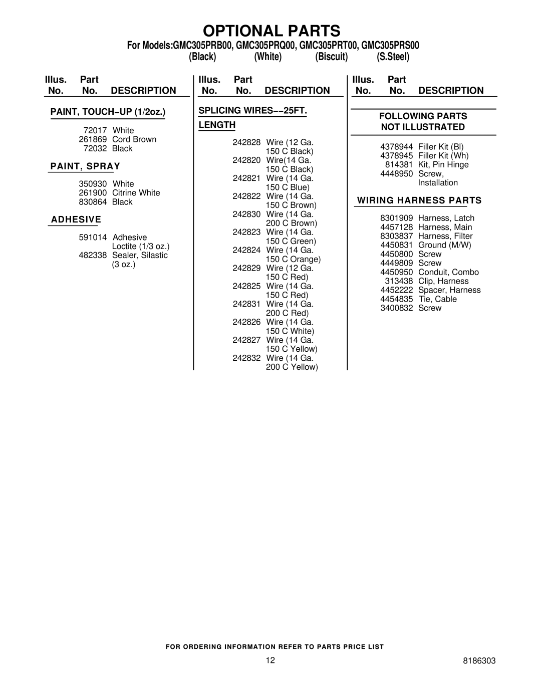 Whirlpool GMC305PRS00, GMC305PRB00, GMC305PRT00, GMC305PRQ00 manual Optional Parts, Splicing WIRES−−25FT Length 