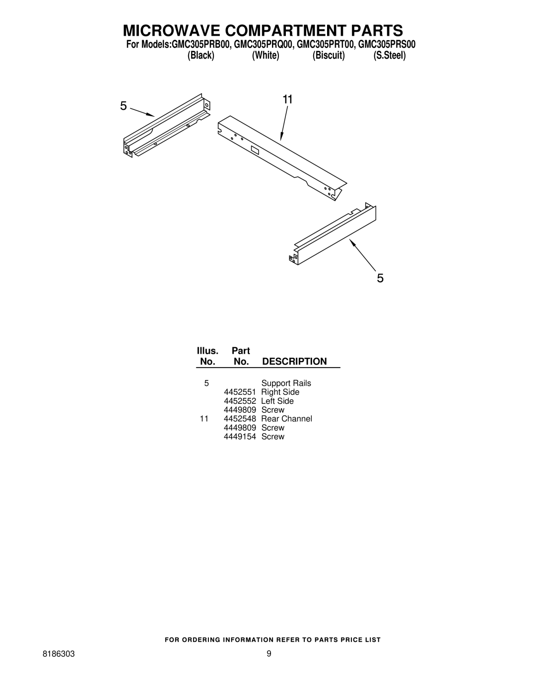 Whirlpool GMC305PRB00, GMC305PRS00, GMC305PRT00, GMC305PRQ00 manual Microwave Compartment Parts 