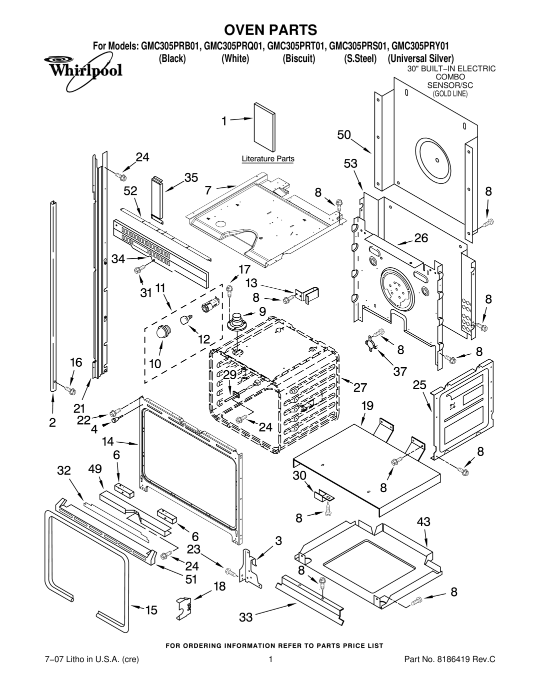 Whirlpool GMC305PRQ01, GMC305PRT01, GMC305PRY01, GMC305PRS01, GMC305PRB01 manual Oven Parts 