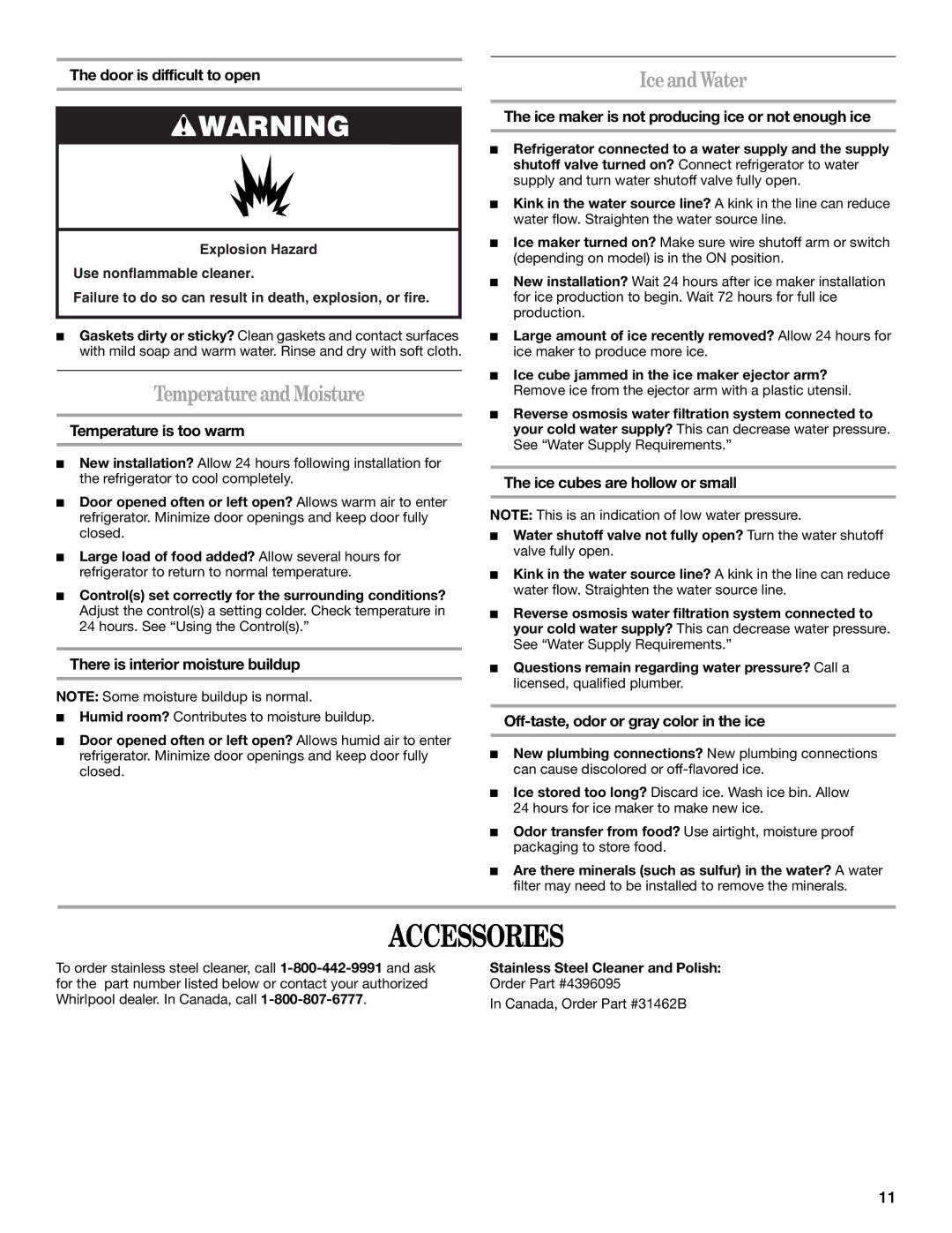 Whirlpool GR2FHMXV installation instructions Accessories, Temperature and Moisture, Ice and Water 