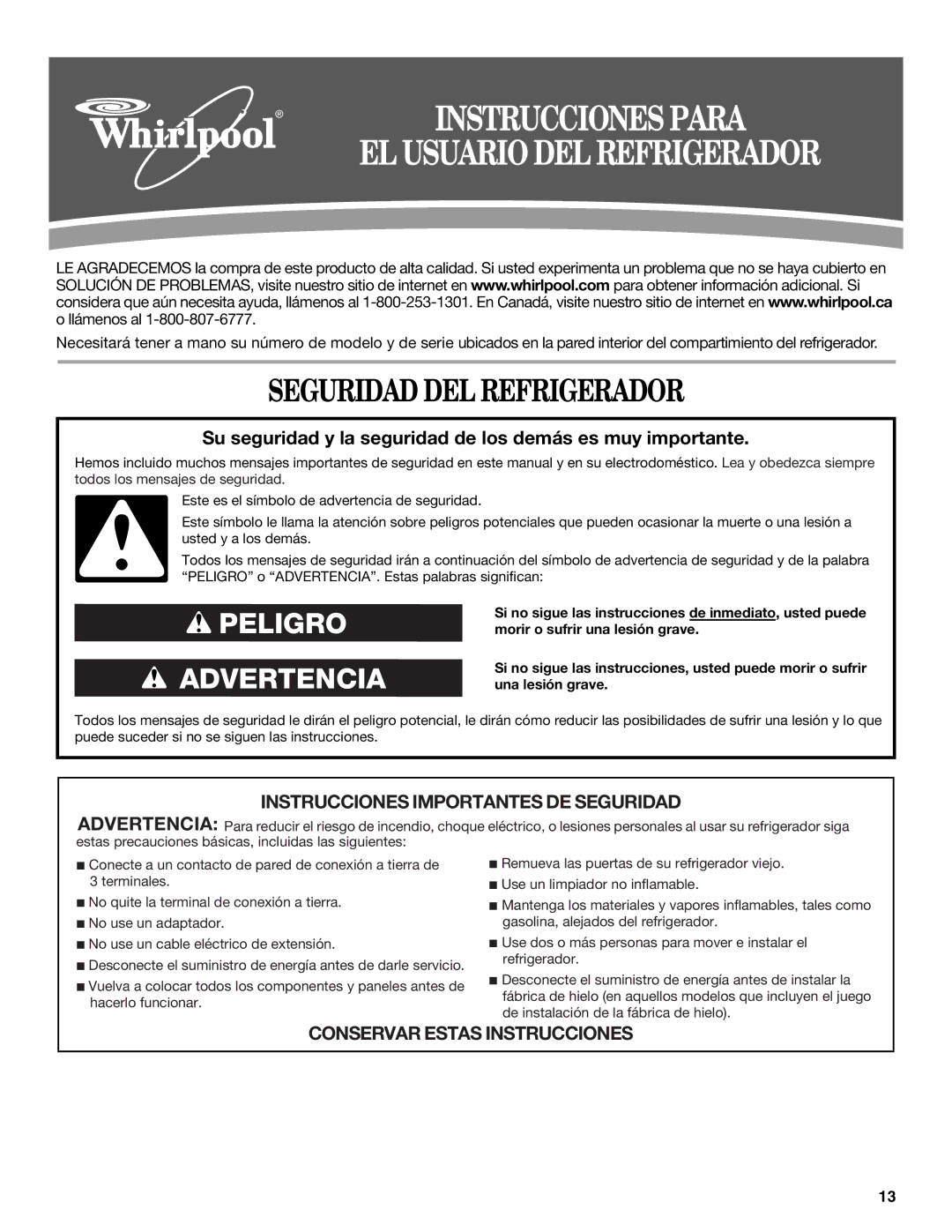 Whirlpool GR2FHMXV installation instructions Seguridad DEL Refrigerador, EL Usuario DEL Refrigerador 