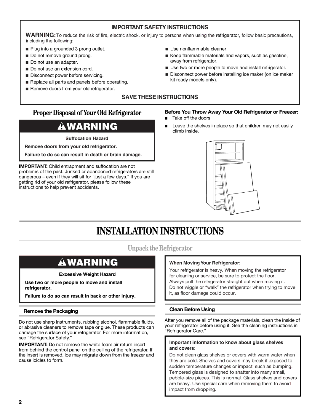 Whirlpool GR2FHMXV Installation Instructions, Unpack the Refrigerator, Remove the Packaging, Clean Before Using 