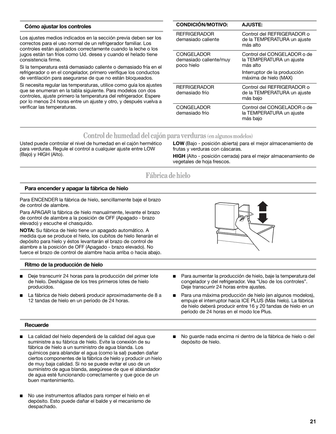 Whirlpool GR2FHMXV installation instructions Control dehumedad del cajón para verduras enalgunos modelos, Fábrica dehielo 