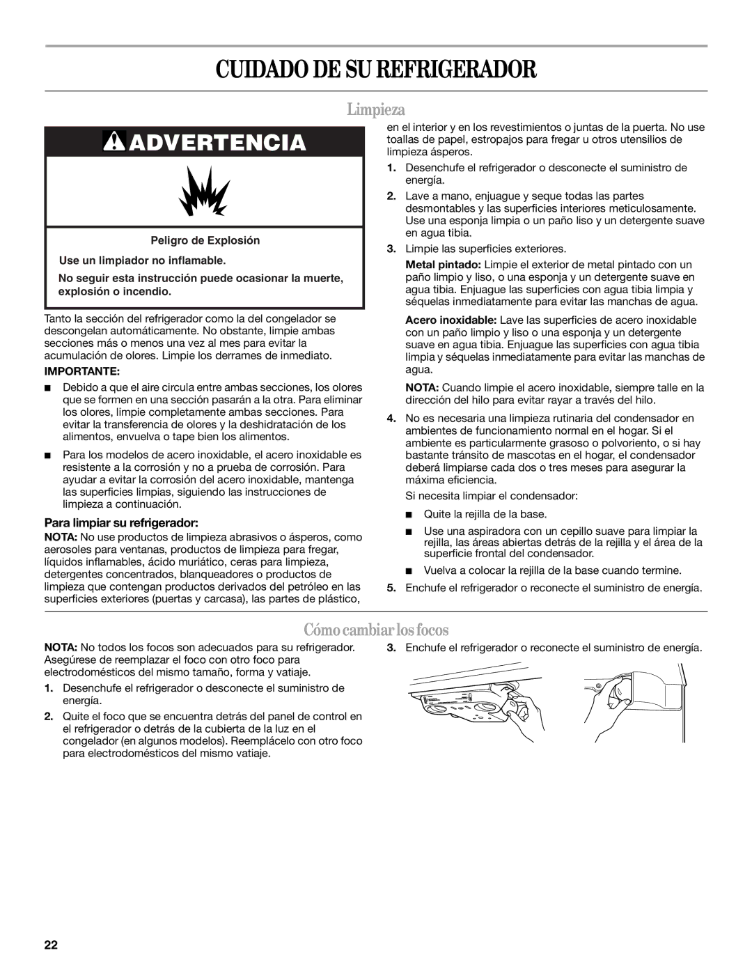 Whirlpool GR2FHMXV Cuidado DE SU Refrigerador, Limpieza, Cómo cambiar los focos, Para limpiar su refrigerador 