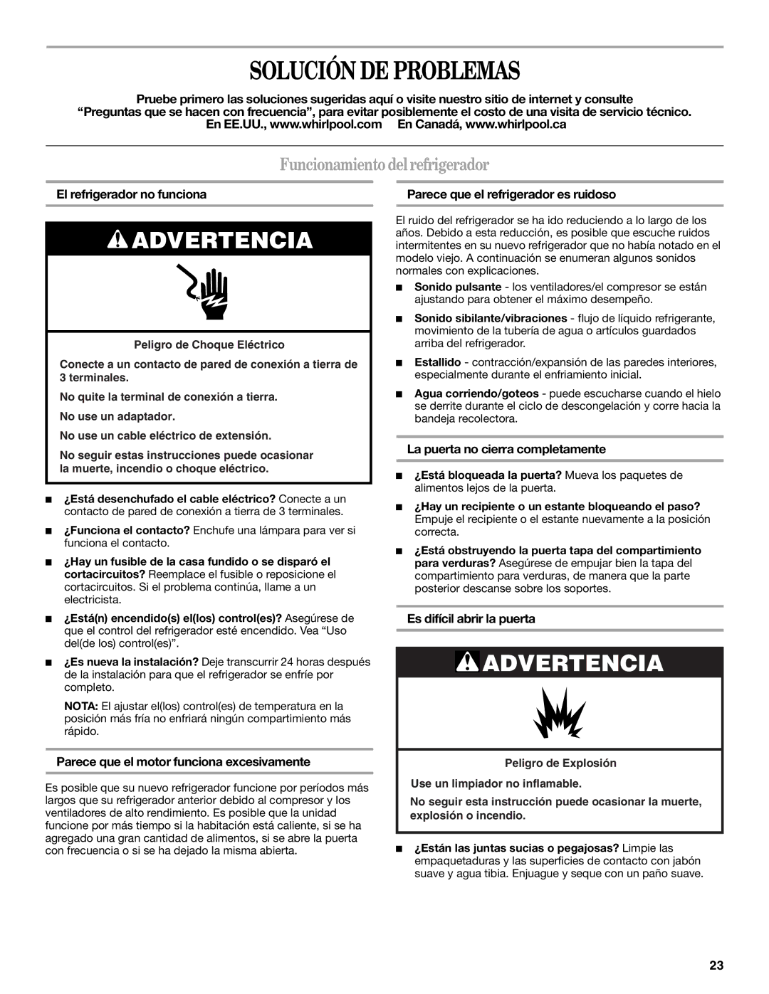 Whirlpool GR2FHMXV installation instructions Solución DE Problemas, Funcionamiento delrefrigerador 