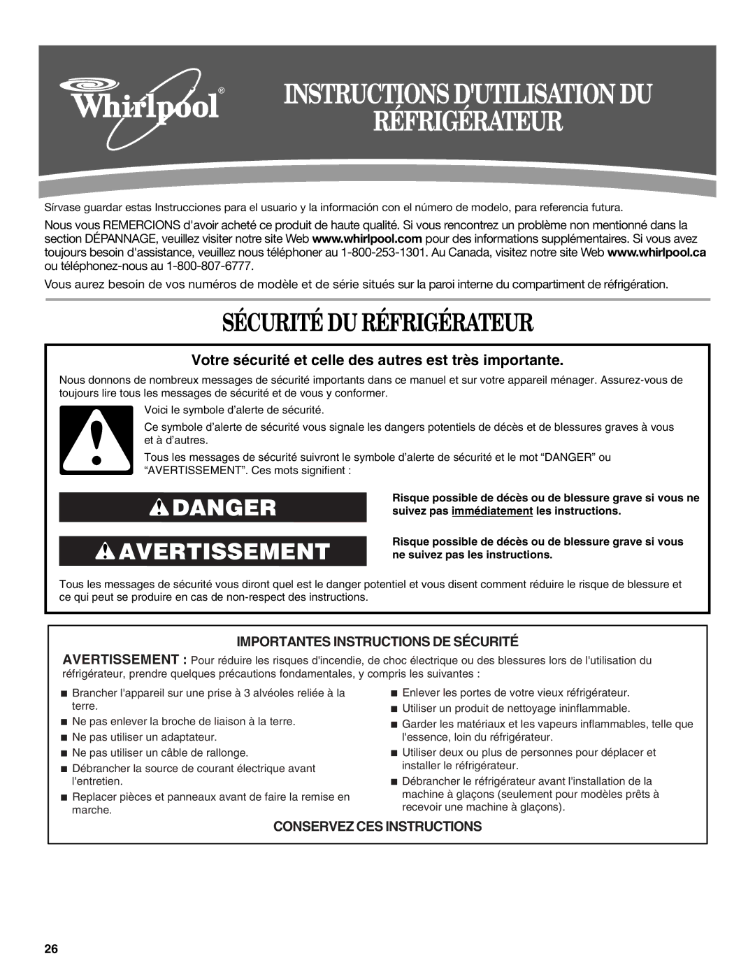 Whirlpool GR2FHMXV installation instructions Sécurité DU Réfrigérateur 