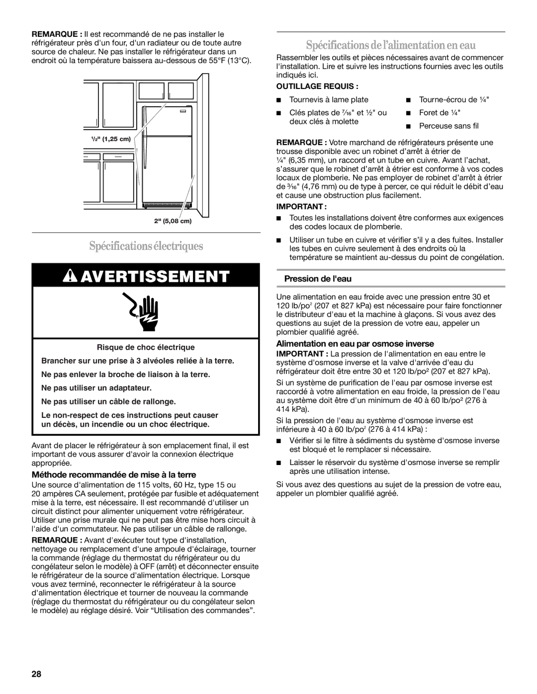 Whirlpool GR2FHMXV Spécificationsélectriques, Spécifications del’alimentationen eau, Pression de leau 