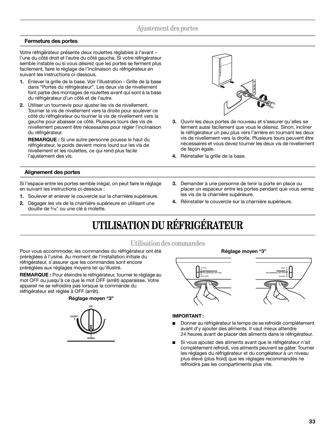 Whirlpool GR2FHMXV Utilisation DU Réfrigérateur, Ajustement des portes, Utilisationdes commandes, Fermeture des portes 