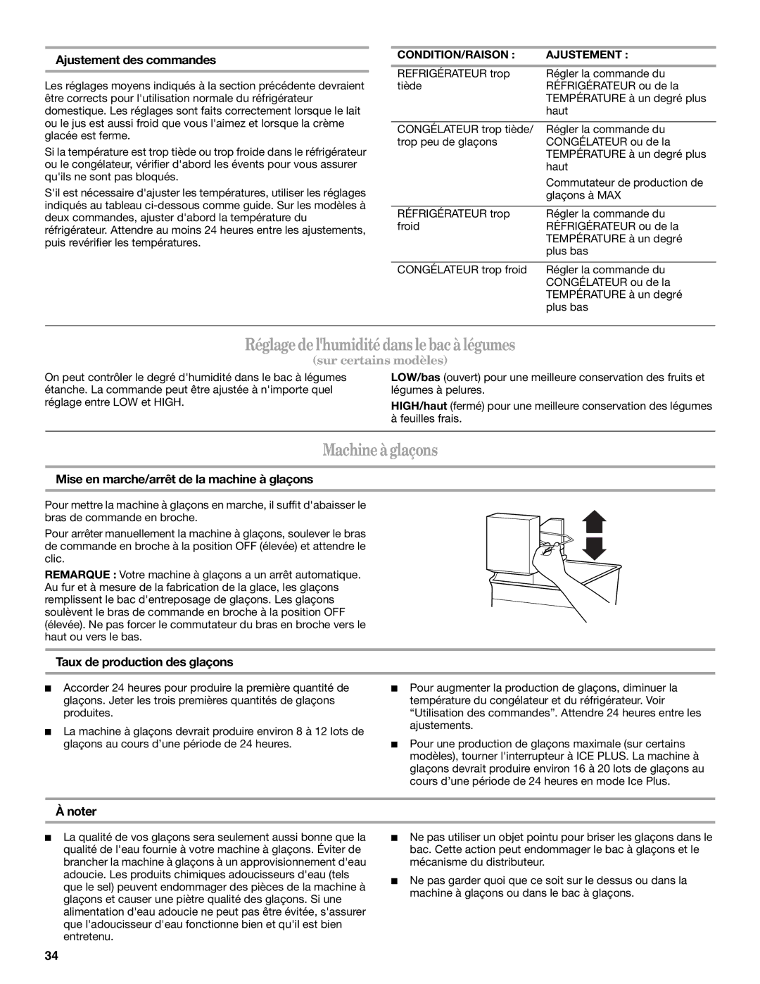 Whirlpool GR2FHMXV Réglage de lhumidité dansle bac à légumes, Machine à glaçons, Ajustement des commandes 