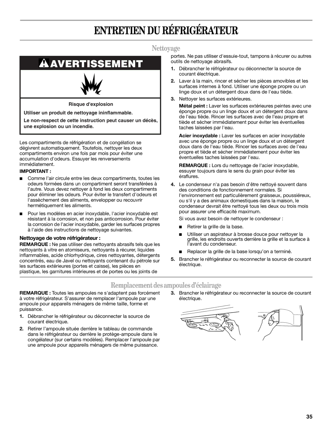 Whirlpool GR2FHMXV installation instructions Entretien DU Réfrigérateur, Nettoyage, Remplacementdes ampoules d’éclairage 