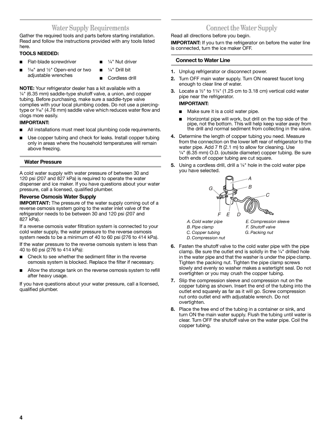 Whirlpool GR2FHMXV Water Supply Requirements, Connect the Water Supply, Water Pressure, Reverse Osmosis Water Supply 