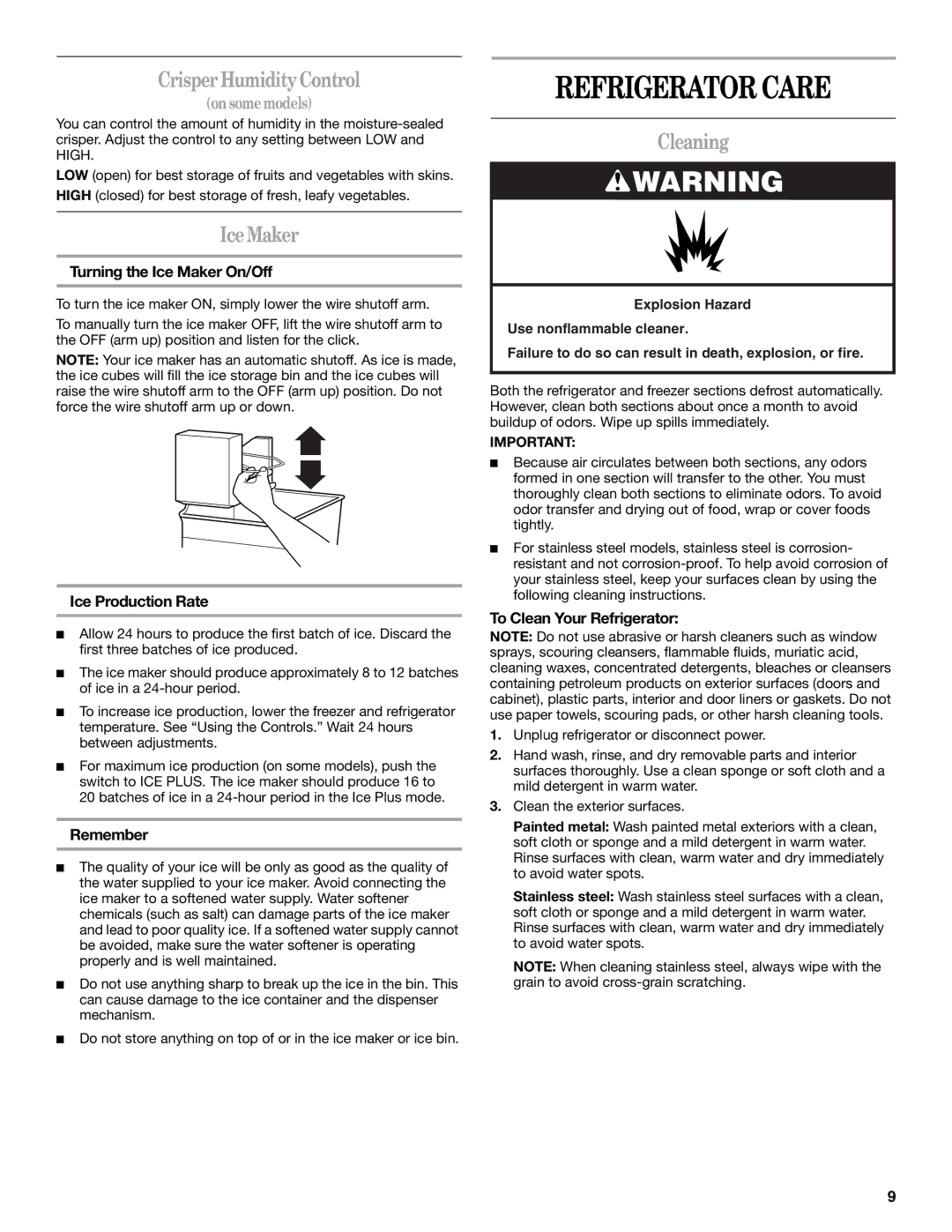 Whirlpool GR2FHMXV installation instructions Refrigerator Care, Crisper Humidity Control, Ice Maker, Cleaning 