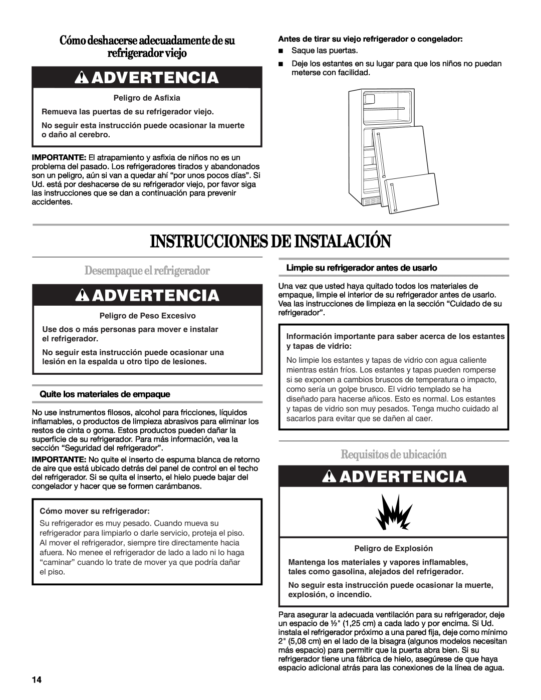 Whirlpool GR2FHMXV Instrucciones De Instalación, Advertencia, Cómo deshacerse adecuadamente de su refrigerador viejo 