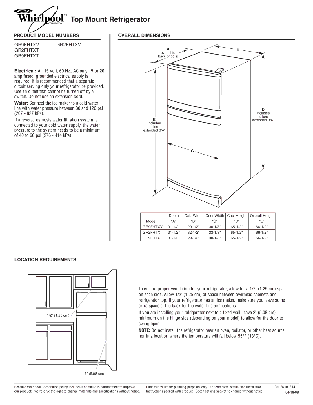 Whirlpool dimensions Top Mount Refrigerator, Product Model Numbers, GR9FHTXV GR2FHTXV GR2FHTXT GR9FHTXT 